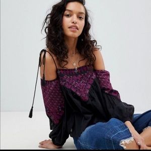 New Free People Vacay Vibin Boho Embroidered Black Long Sleeve Size Medium